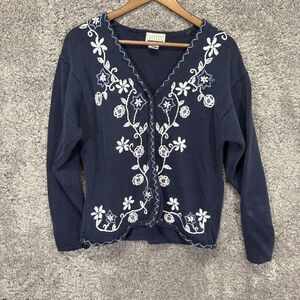 Vintage Lauren Rogers Embroidered Floral Cardigan Sweater Medium Navy Blue White
